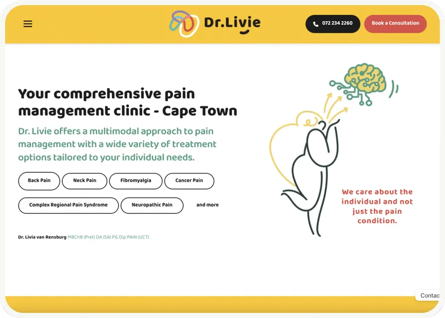 The Dr. Livie website, a pain management clinic in Cape Town
