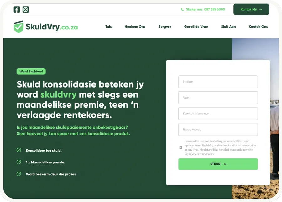The SkuldVry website, an Afrikaans debt consolidation service