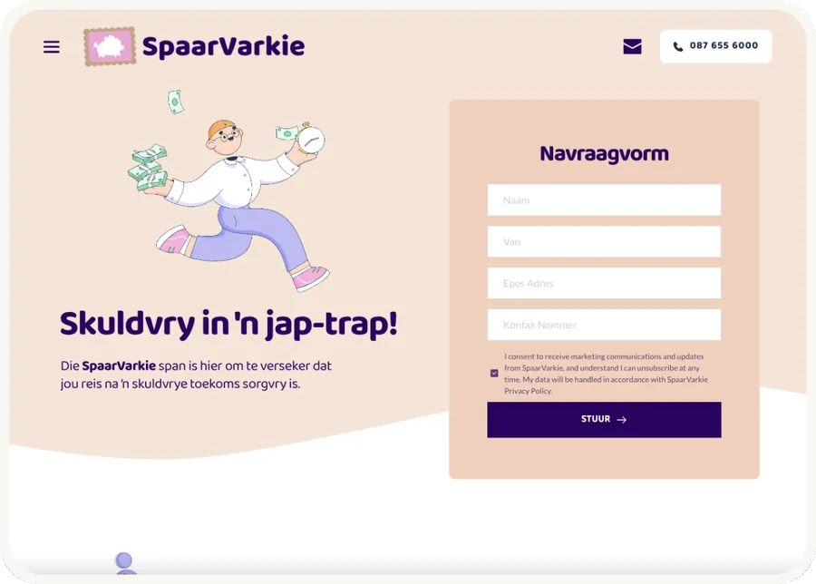 The SpaarVarkie website, an Afrikaans debt help service