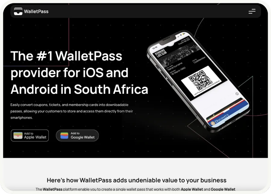 The WalletPass website, digital wallet passes for South African businesses