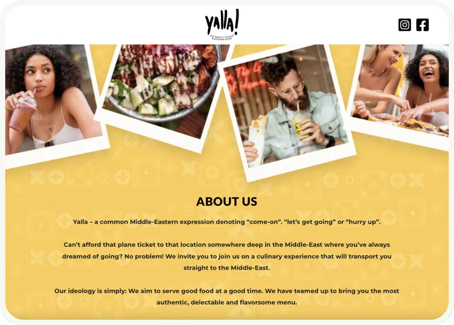 The Yalla website, a Middle Eastern restaurant